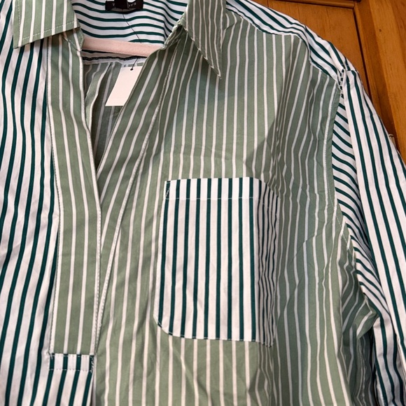 Talbots Shirt Green White Striped Poplin Collar Button cuffs Pullover size XL - Picture 3 of 7